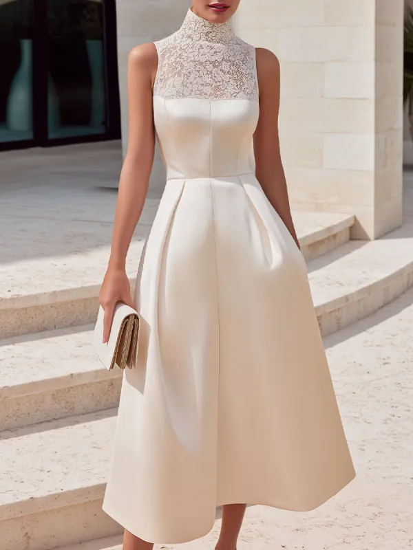 High-Neck Lace Panel Structured A-Line Midi Dress made by Mooyius