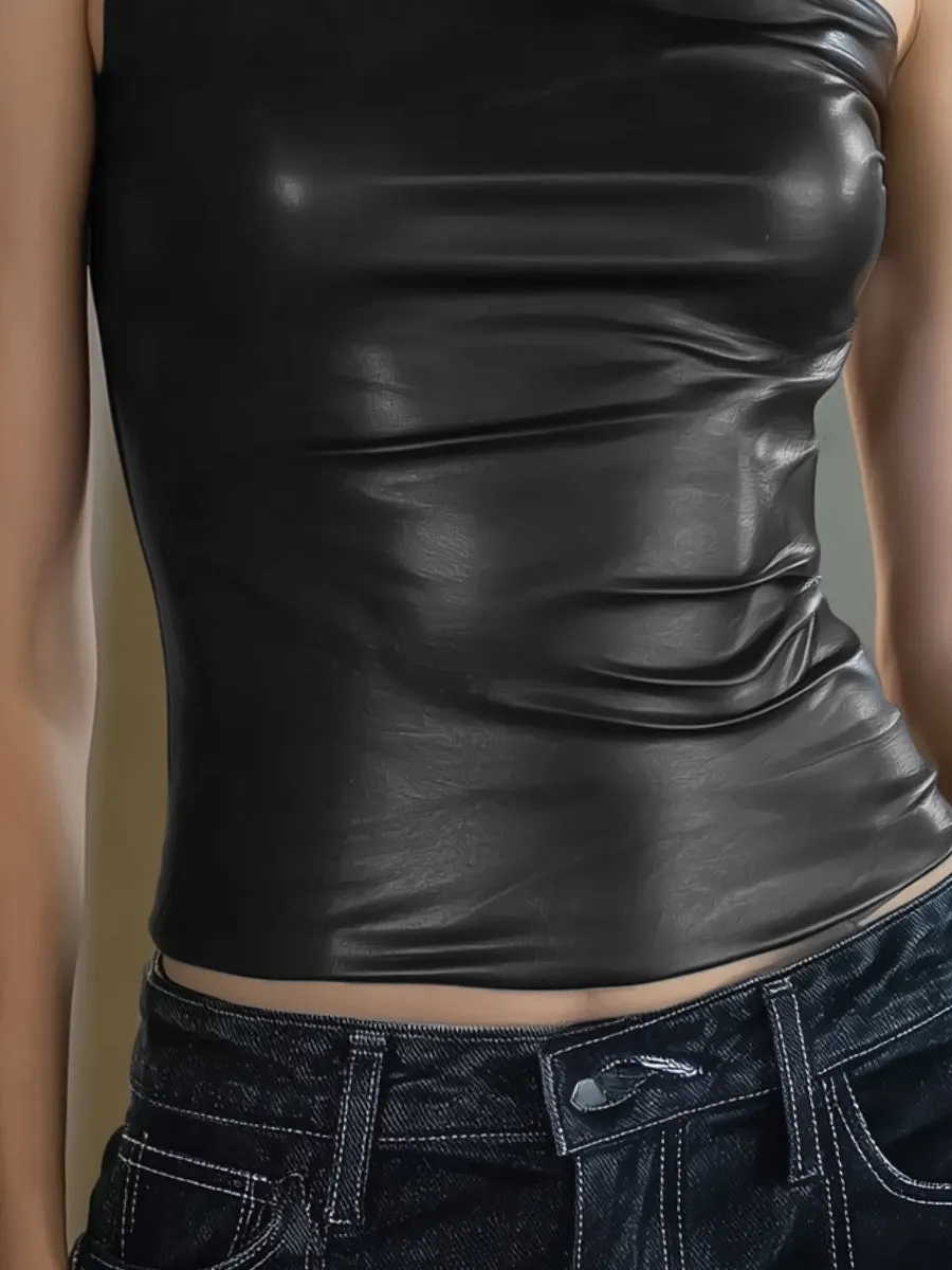 One-Shoulder Sculpted Faux Leather Asymmetrical Top sold by Mooyius product image thumbnail 4
