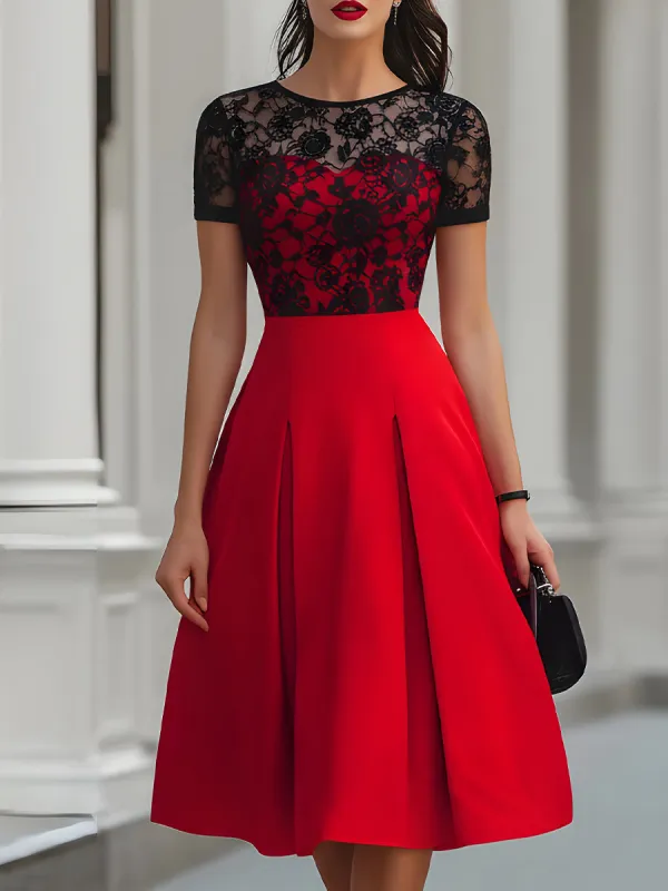 Red & Black Lace Fit-and-Flare Midi Dress made by Something Navy