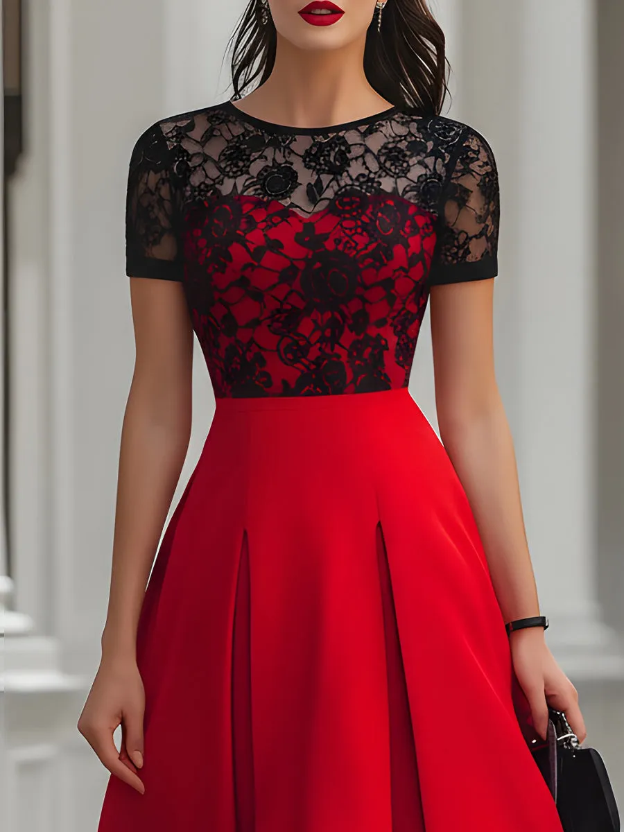 Red & Black Lace Fit-and-Flare Midi Dress sold by Mooyius product image thumbnail 2