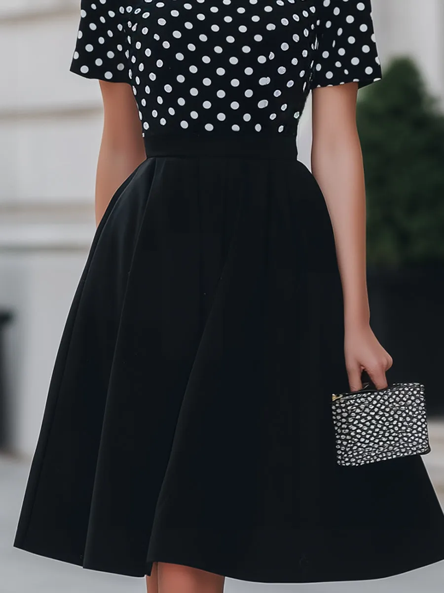 Black Polka Dot Mock Neck Fit-and-Flare Midi Dress sold by Mooyius product image thumbnail 3