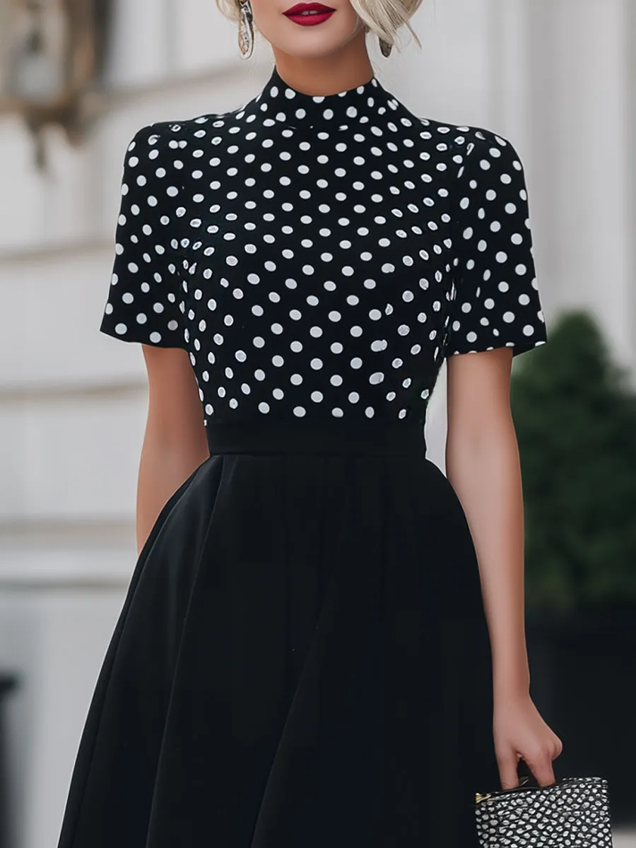 Black Polka Dot Mock Neck Fit-and-Flare Midi Dress sold by Mooyius product image thumbnail 2