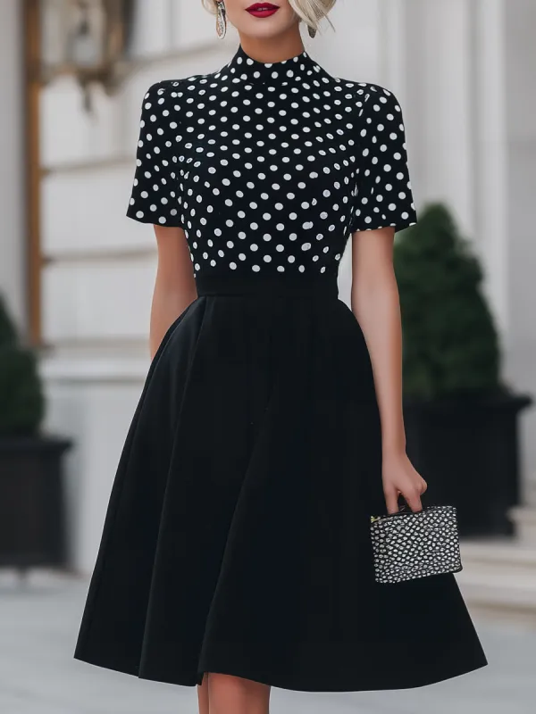 Black Polka Dot Mock Neck Fit-and-Flare Midi Dress made by Mooyius