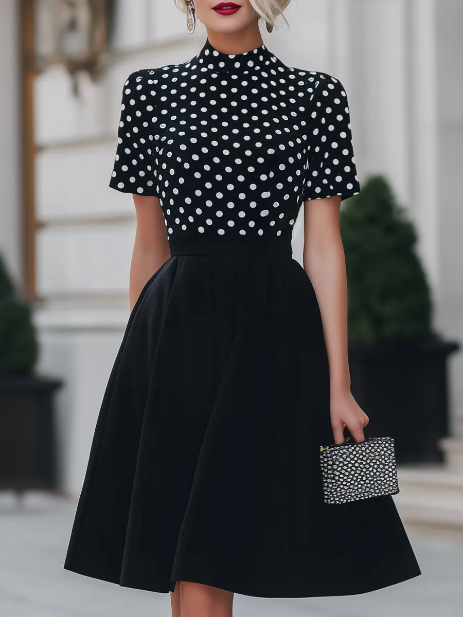 Black Polka Dot Mock Neck Fit-and-Flare Midi Dress sold by Mooyius