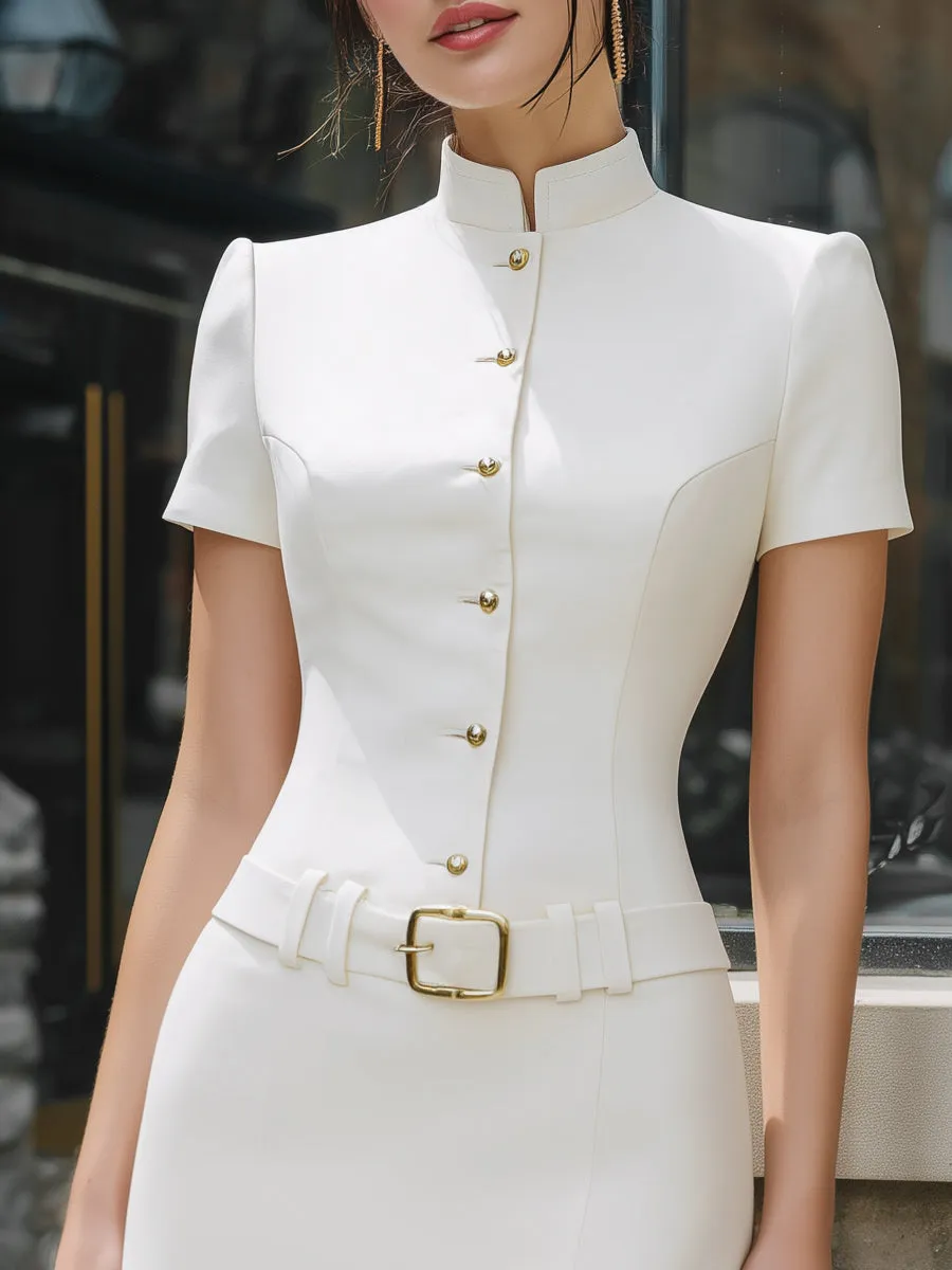 Mandarin Collar Belted Tailored Mini Dress sold by Mooyius product image thumbnail 2
