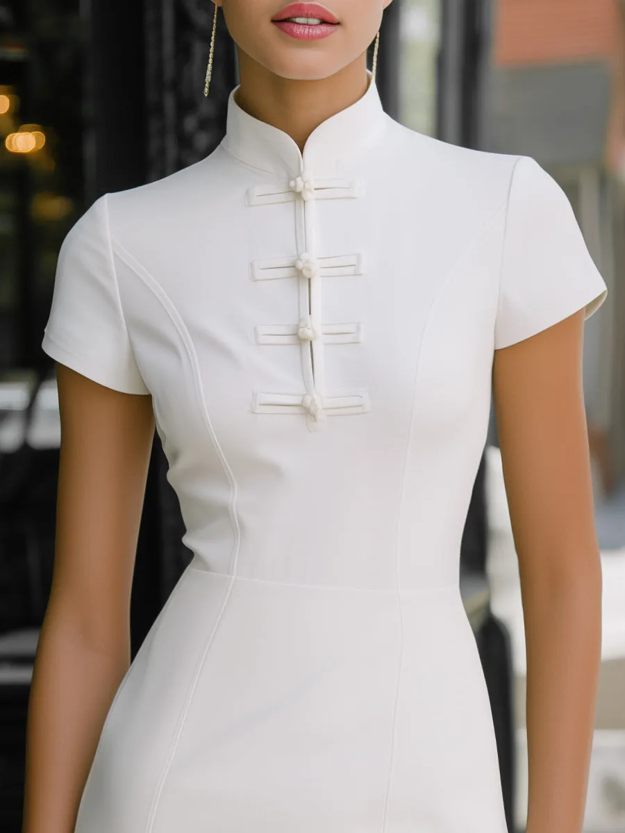 Mandarin Collar Modern Knot-button Mini Dress sold by Mooyius product image thumbnail 2