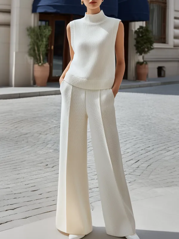 Sleeveless Mock-Neck Knit Top & Wide-Leg Pants Set made by Mooyius