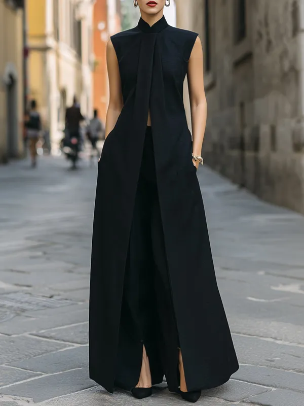 Modern Mandarin High-Slit Maxi Tunic & Wide-Leg Trouser Set made by Mooyius