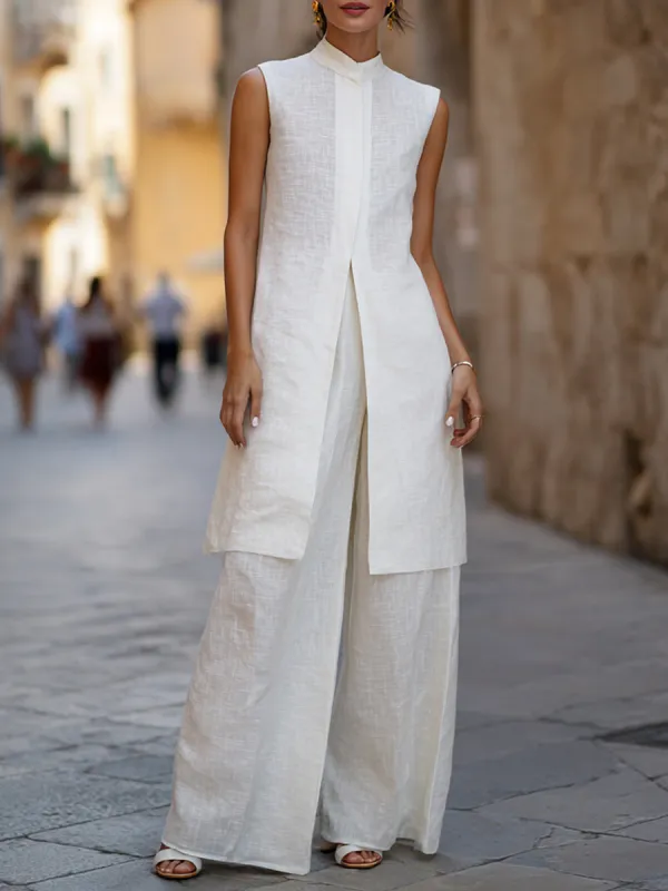 Ethereal Linen Blend Mandarin Tunic & Palazzo Trouser Set made by Mooyius