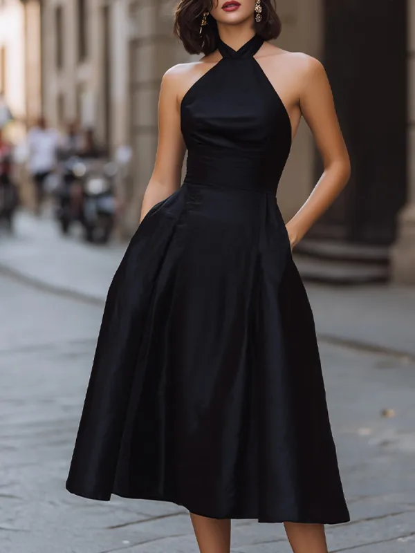 Timeless Elegance Halter Neck A-Line Midi Dress made by Mooyius
