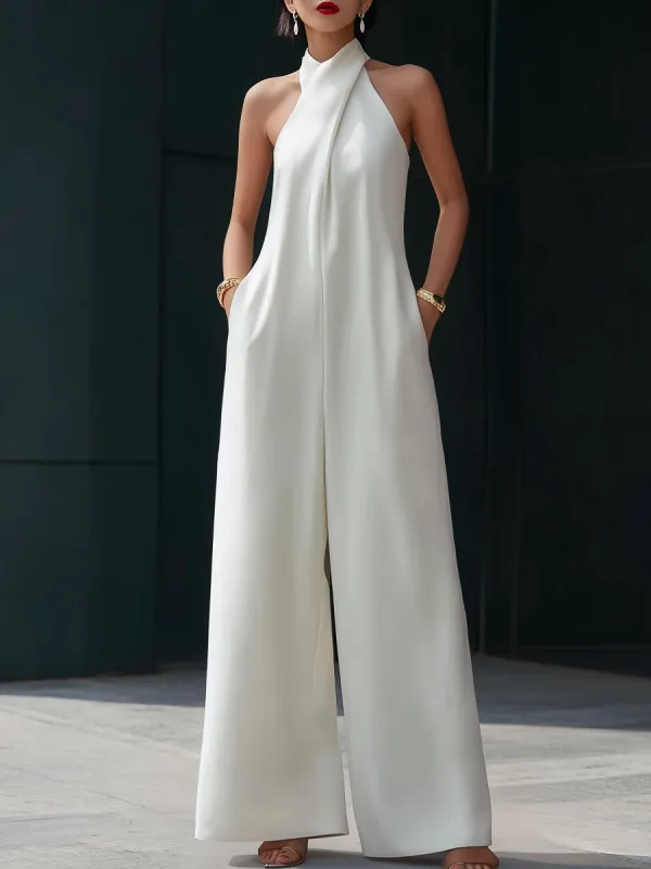 Halter-Neck Draped Wide-Leg Jumpsuit made by Mooyius