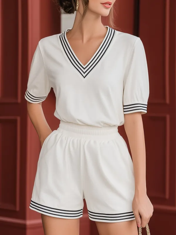 V-Neck Contrast Trim Top & Elastic Waist Shorts Set made by Mooyius