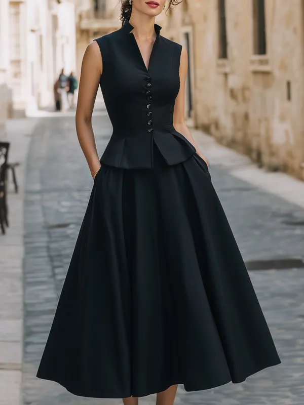 Vintage-Inspired Sleeveless Vest And High-Waisted Pleated Midi Skirt Co-Ord Set made by Mooyius