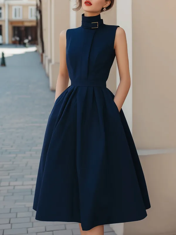 Belted High-Neck Sleeveless A-Line Dress made by Mooyius