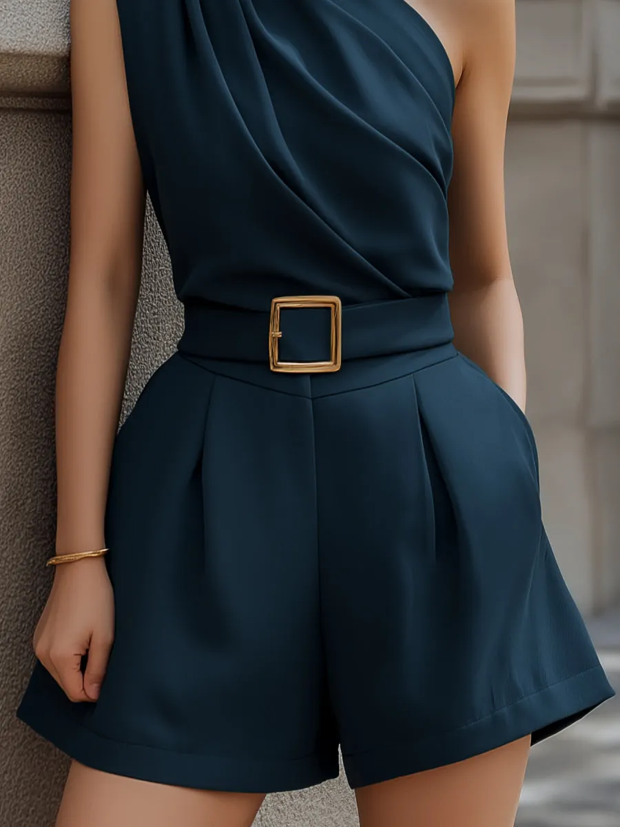 One-Shoulder Draped Belted Tailored Romper sold by Mooyius product image thumbnail 3