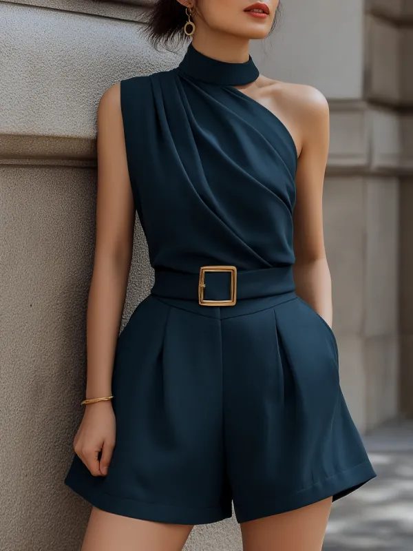 One-Shoulder Draped Belted Tailored Romper made by Mooyius