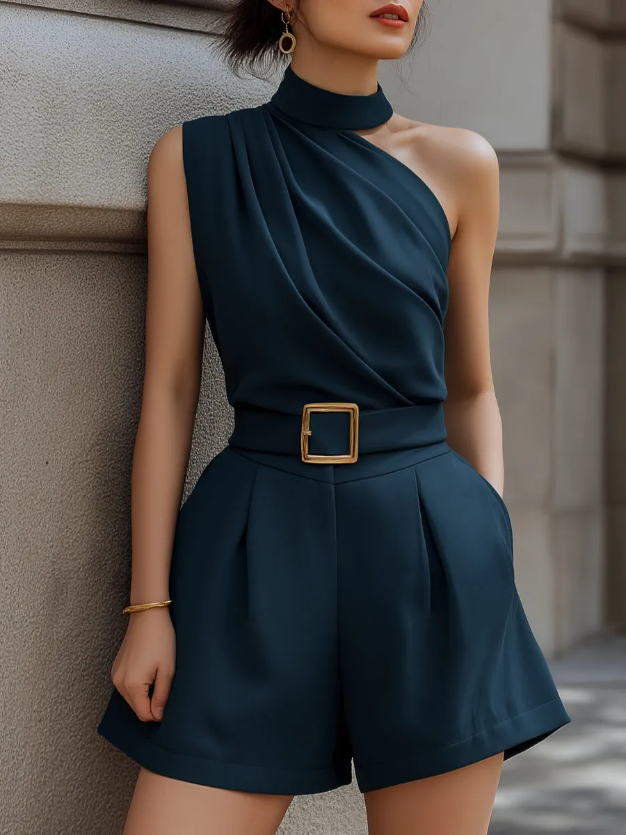 One-Shoulder Draped Belted Tailored Romper sold by Mooyius