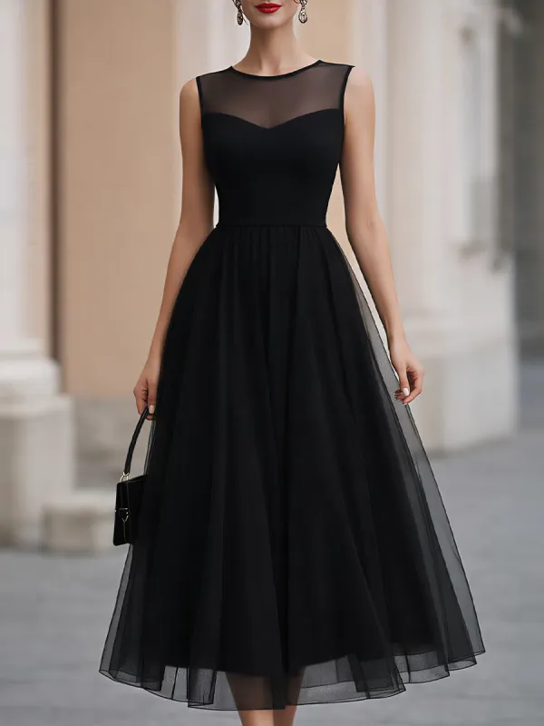 Black Sleeveless Mesh Yoke Tulle Midi Dress made by Something Navy