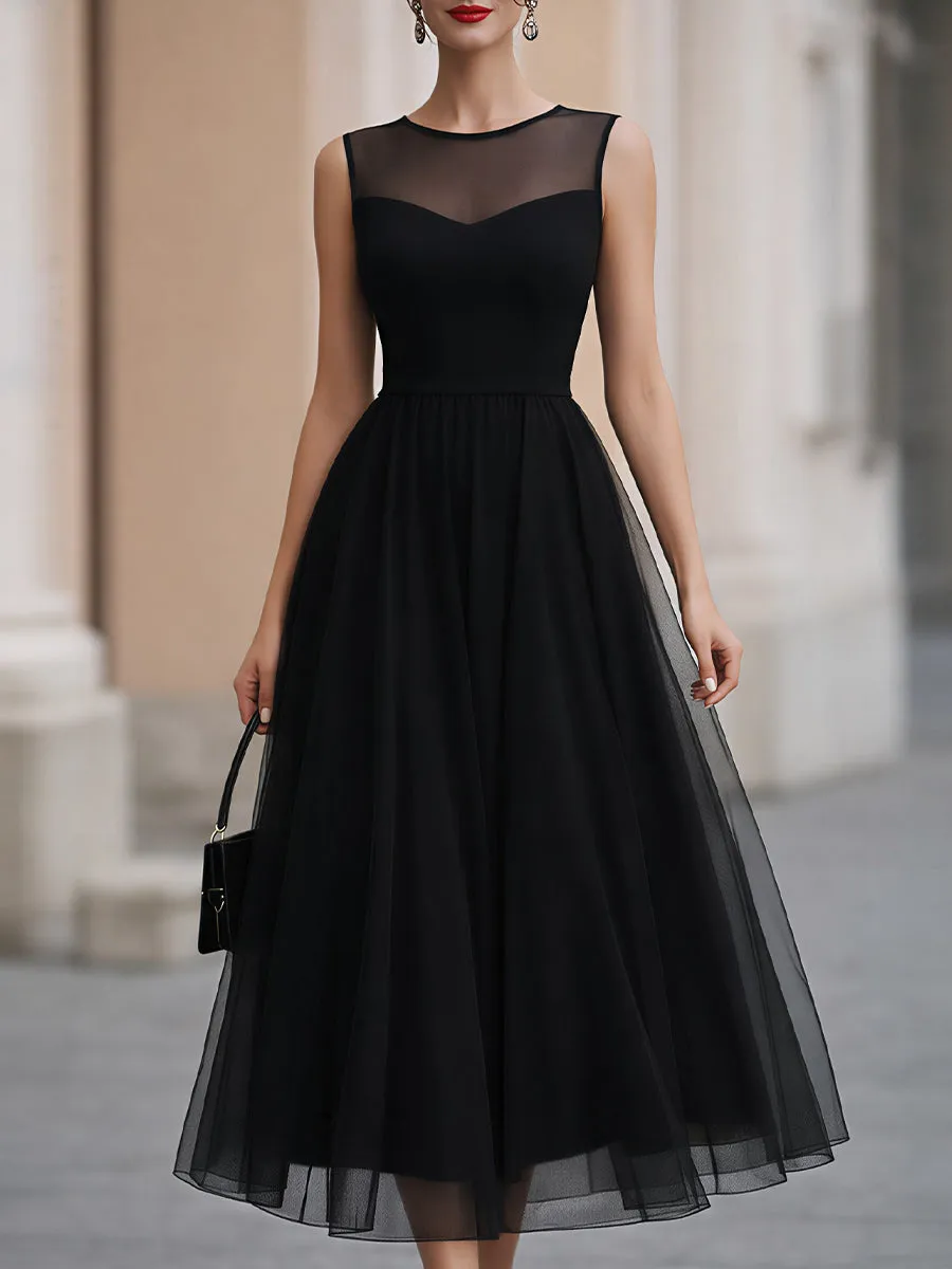 Black Sleeveless Mesh Yoke Tulle Midi Dress sold by Mooyius