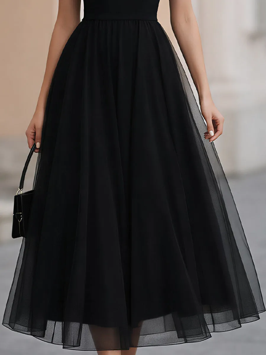 Black Sleeveless Mesh Yoke Tulle Midi Dress sold by Mooyius product image thumbnail 3