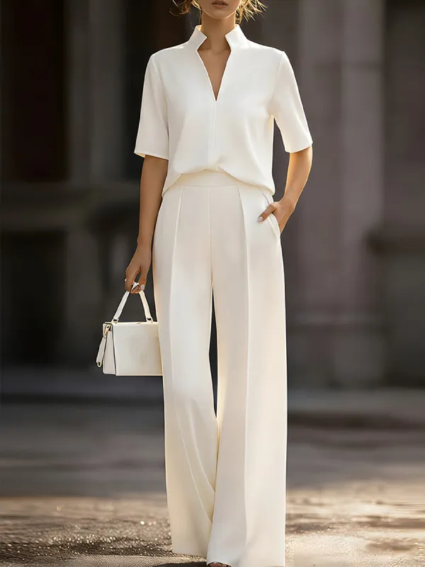 Ivory Stand Collar Split Neck Blouse & Wide-Leg Pants Two-Piece Suit made by Something Navy