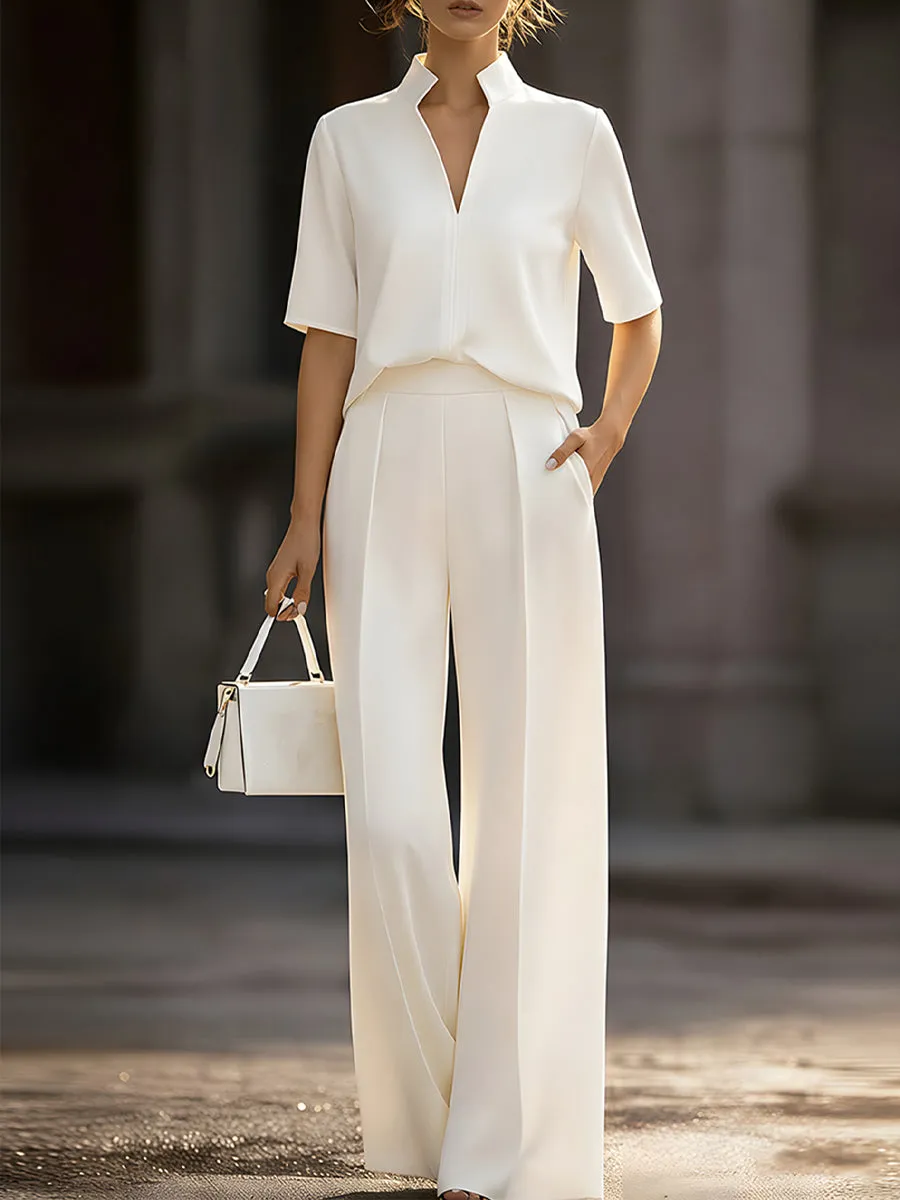 Ivory Stand Collar Split Neck Blouse & Wide-Leg Pants Two-Piece Suit sold by Mooyius