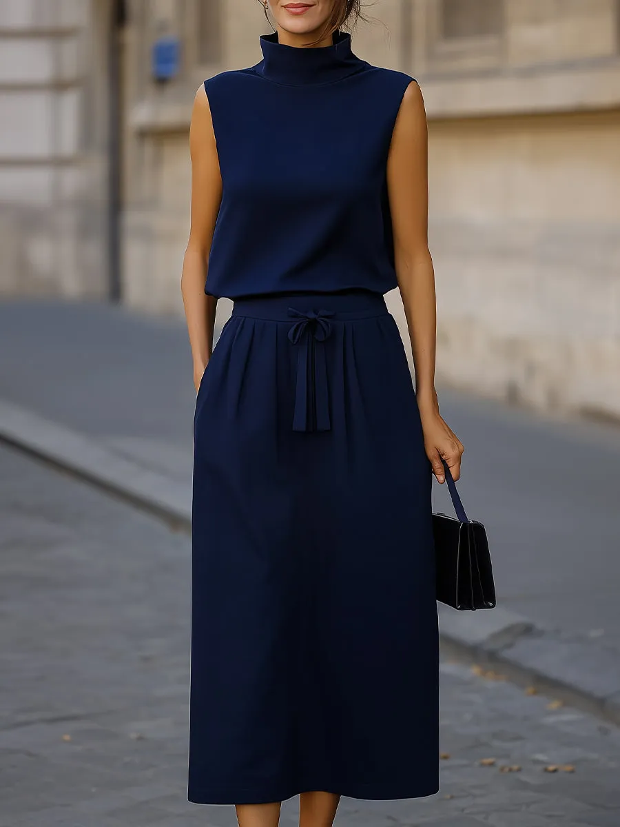 Navy Sleeveless Turtleneck Top & Tie-Waist Midi Skirt Two-Piece Set sold by Mooyius