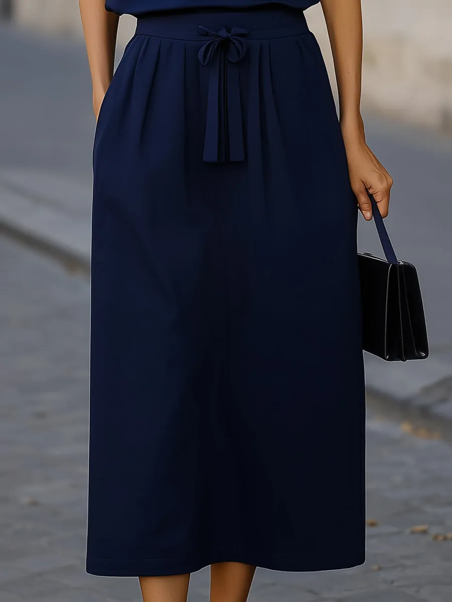 Navy Sleeveless Turtleneck Top & Tie-Waist Midi Skirt Two-Piece Set sold by Mooyius product image thumbnail 3