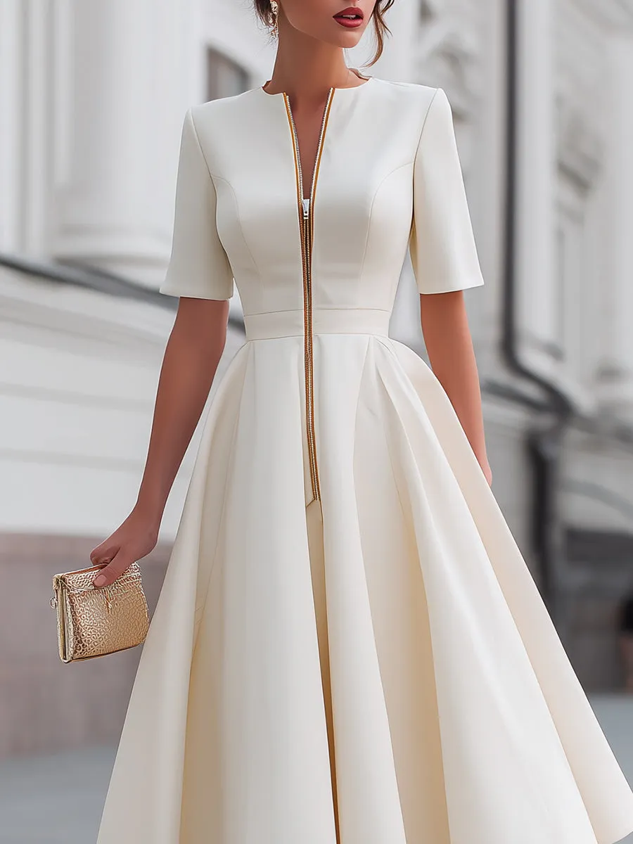 Short Sleeve Zip-Front Fit And Flare Midi Dress sold by Mooyius product image thumbnail 3