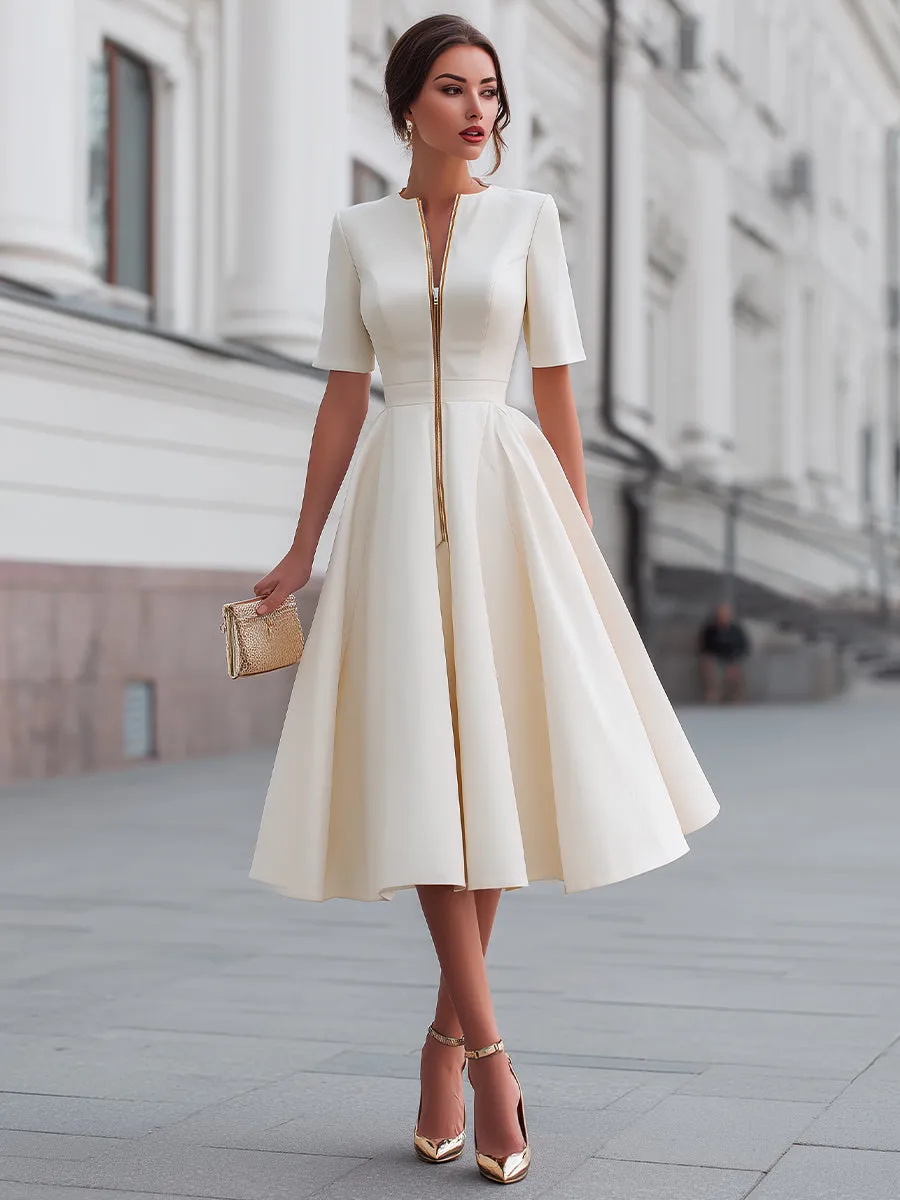 Short Sleeve Zip-Front Fit And Flare Midi Dress sold by Mooyius product image thumbnail 2