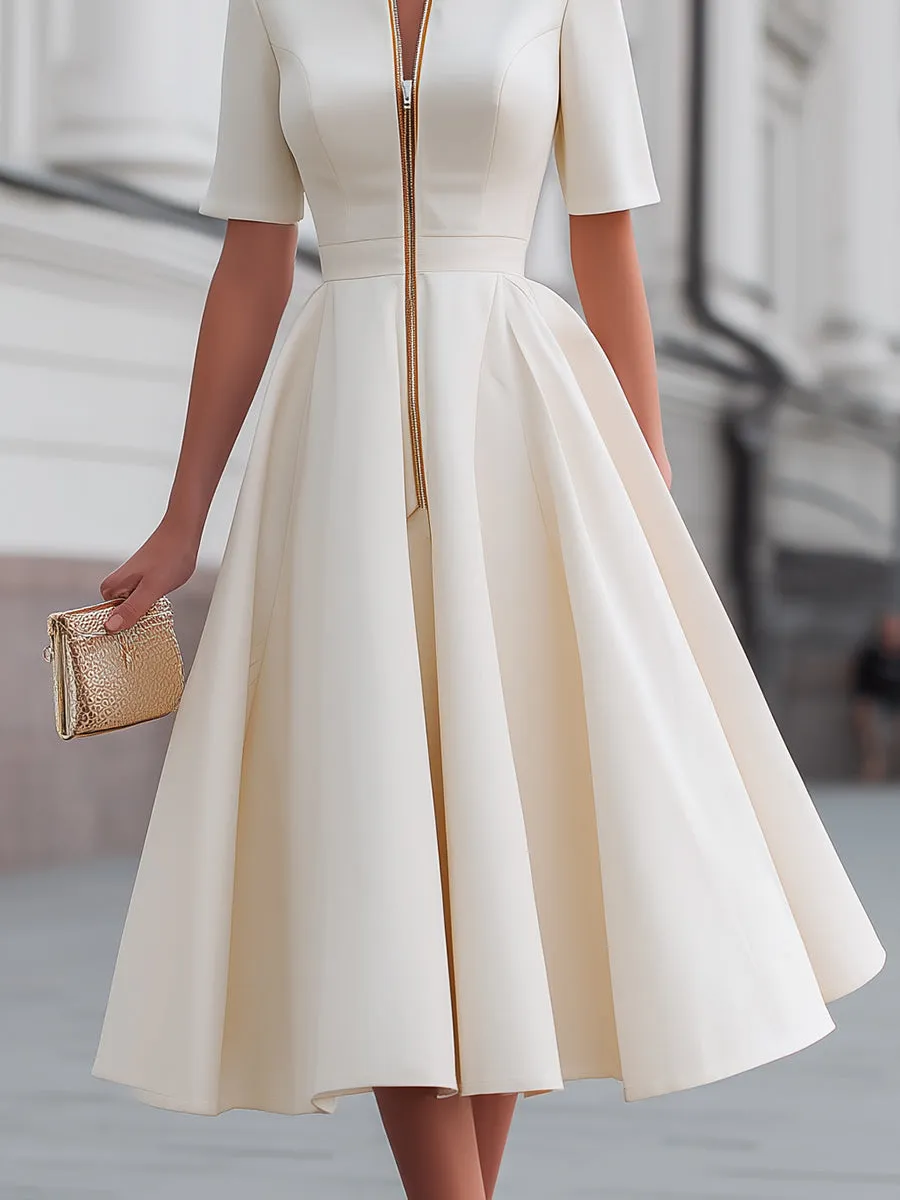 Short Sleeve Zip-Front Fit And Flare Midi Dress sold by Mooyius product image thumbnail 4