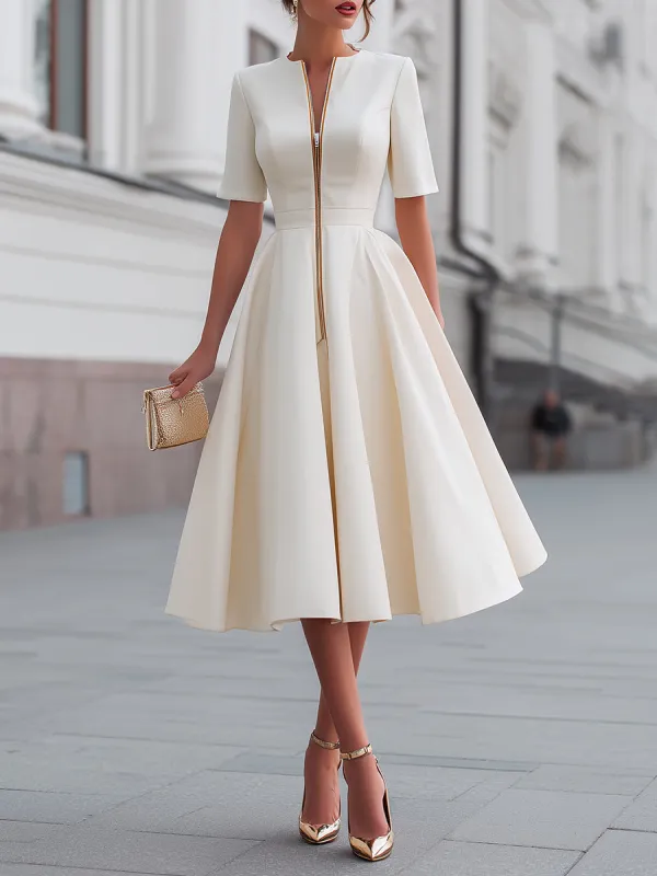 Short Sleeve Zip-Front Fit And Flare Midi Dress made by Mooyius