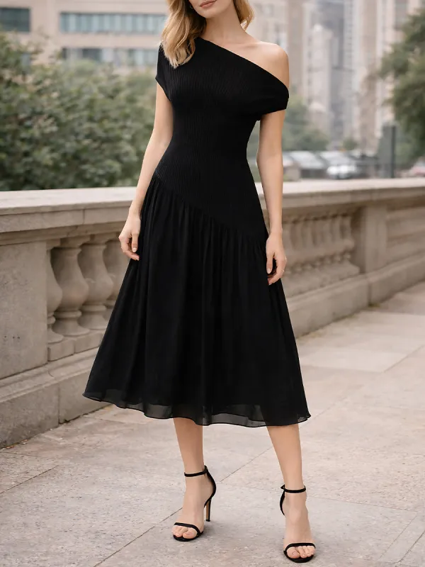 One-Shoulder Ribbed Bodice Asymmetrical Midi Dress made by Mooyius