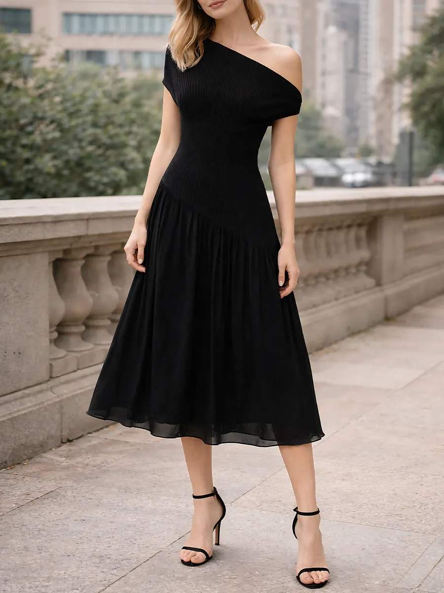 One-Shoulder Ribbed Bodice Asymmetrical Midi Dress sold by Mooyius