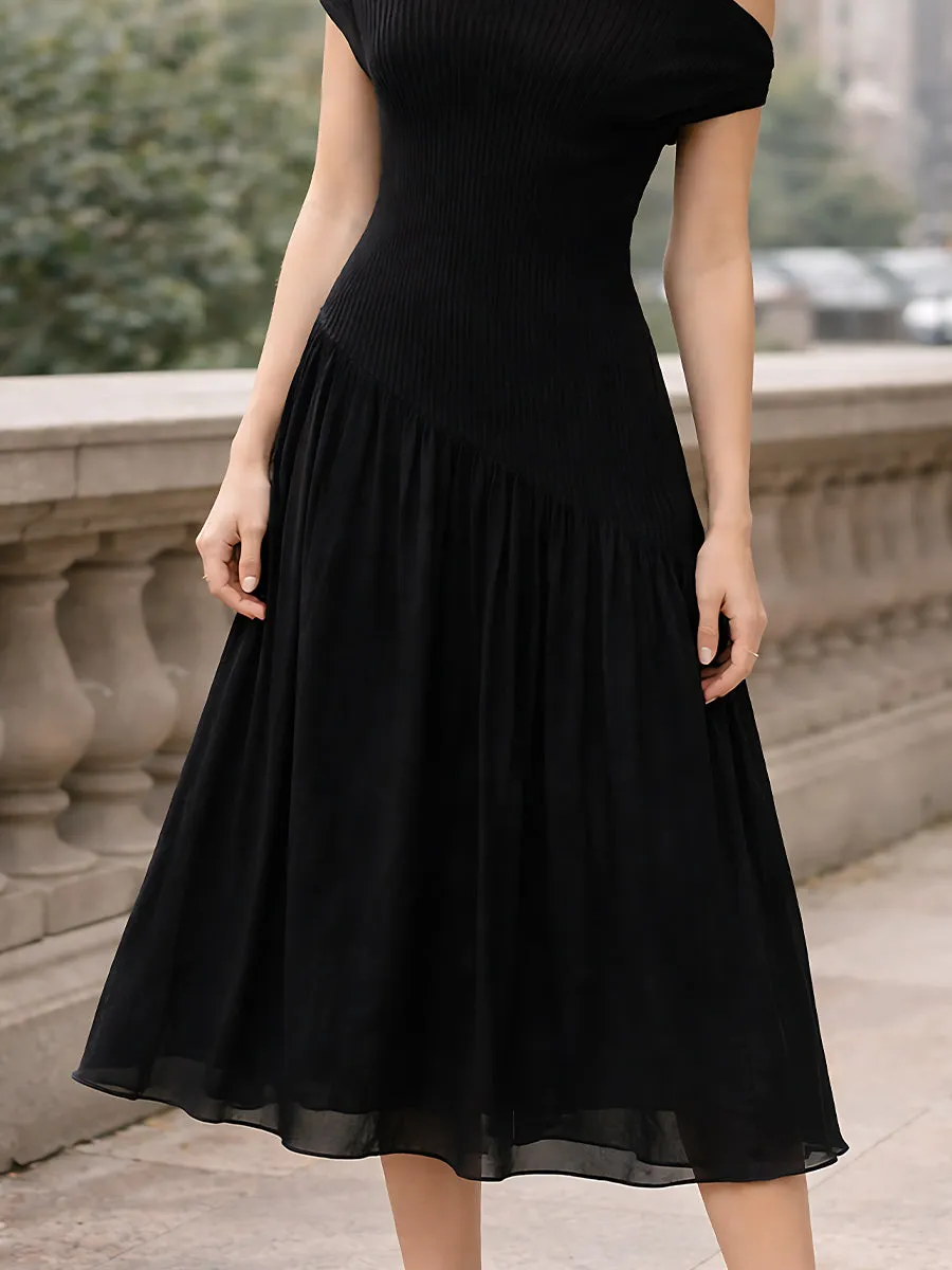 One-Shoulder Ribbed Bodice Asymmetrical Midi Dress sold by Mooyius product image thumbnail 4