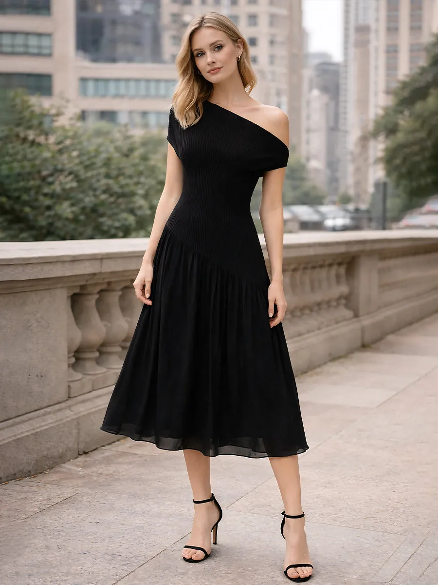 One-Shoulder Ribbed Bodice Asymmetrical Midi Dress sold by Mooyius product image thumbnail 2
