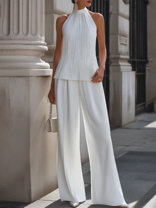 Pleated Halter Top & Wide-Leg Trousers Set made by Mooyius