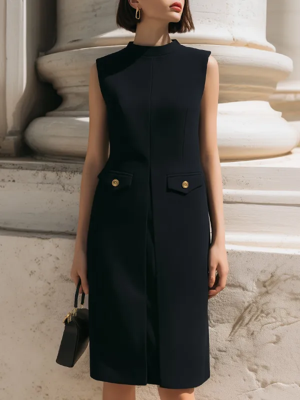 Structured Sleeveless Tailored Midi Dress With Button Accents made by Mooyius