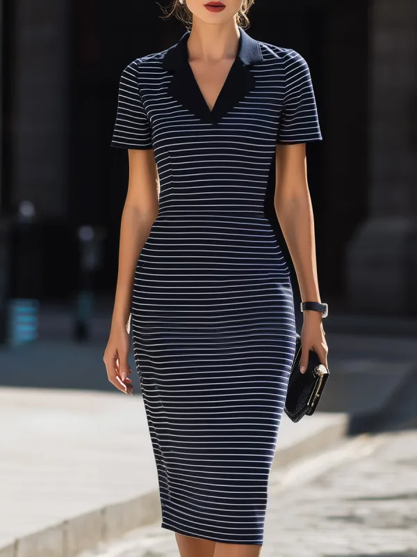 Navy Pinstripe Polo Collar Midi Sheath Dress made by Something Navy