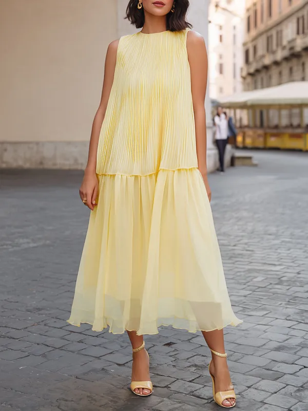 Luminous Grace: Pleated Tiered Sleeveless Midi Dress made by Mooyius