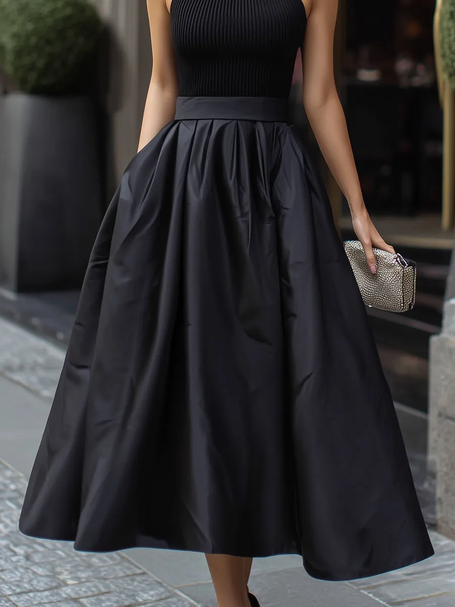 Sleeveless High Neck Ribbed Bodice Flared Midi Dress sold by Mooyius product image thumbnail 4