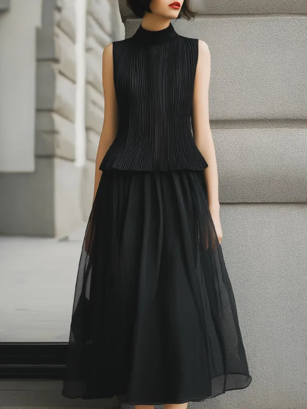 Pleated Sleeveless Top And Sheer Midi Skirt Set made by Mooyius