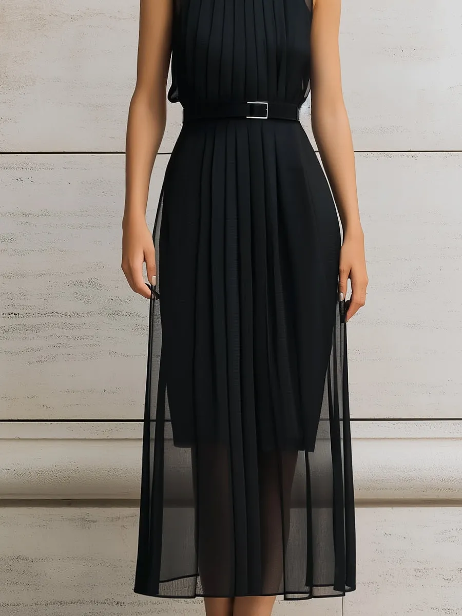 Pleated High-Neck Belted Layered Midi Dress sold by Mooyius product image thumbnail 3