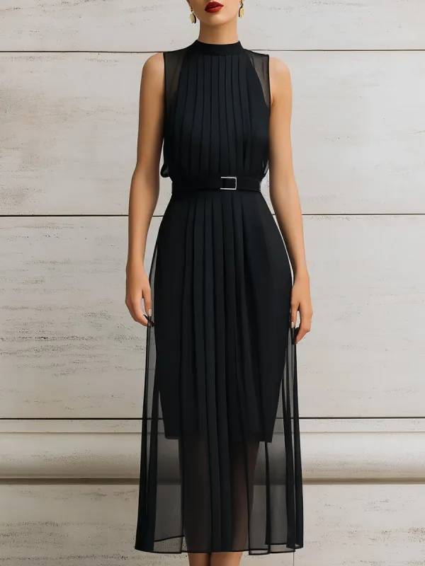 Pleated High-Neck Belted Layered Midi Dress made by Mooyius