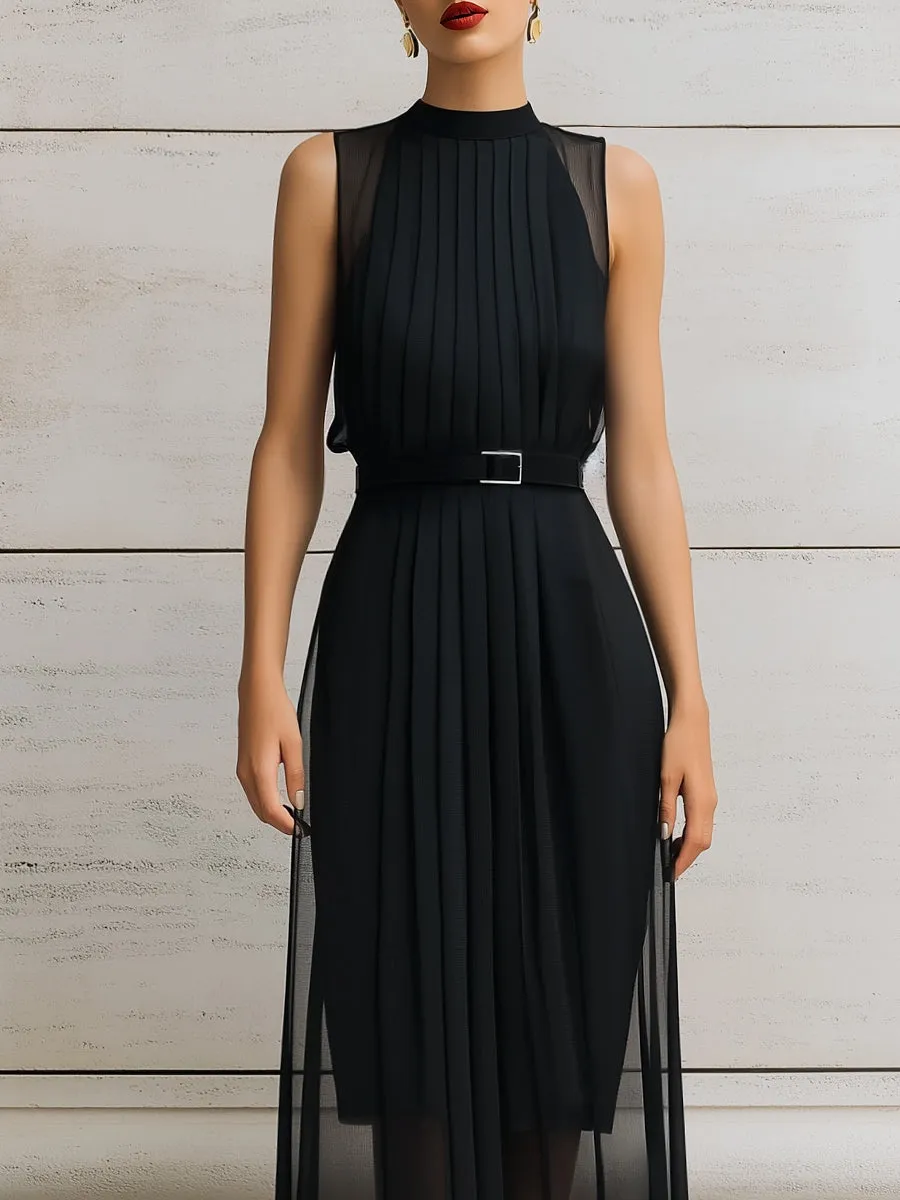 Pleated High-Neck Belted Layered Midi Dress sold by Mooyius product image thumbnail 2