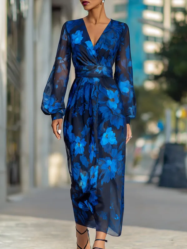 Sheer Sleeves Floral Print V-Neck Chiffon Maxi Dress made by Mooyius