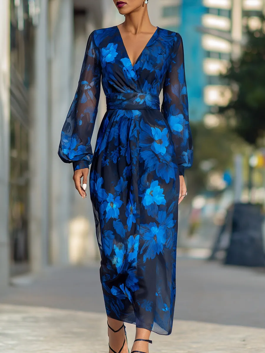 Sheer Sleeves Floral Print V-Neck Chiffon Maxi Dress sold by Mooyius