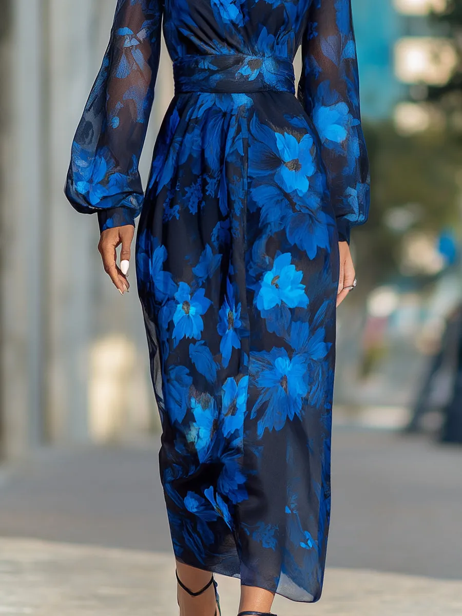 Sheer Sleeves Floral Print V-Neck Chiffon Maxi Dress sold by Mooyius product image thumbnail 3