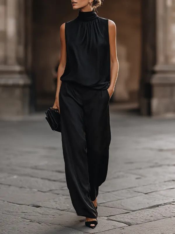 Sleeveless High-Neck Wide-Leg Pants Set sold by Mooyius