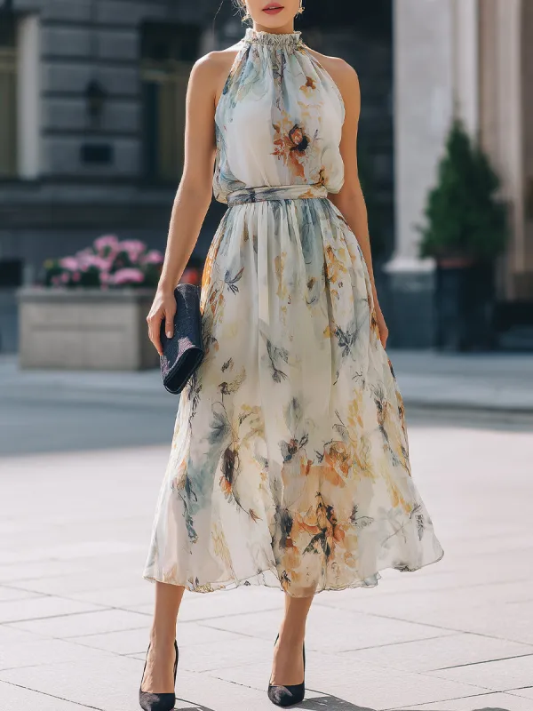 Floral Halter Neck Belted Midi Dress made by Mooyius